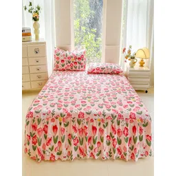 JC HOME Pink & Green Floral 140 TC Single Bedsheet with 1 Pillow Covers-picture-30