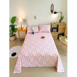 JC HOME Pink & Green Floral 200 TC Single Bedsheet & Pillow Cover-picture-16