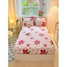 JC HOME Pink & Green Floral 220 TC Cotton Fitted Queen Bedsheet With 2 Pillow Covers-picture-23