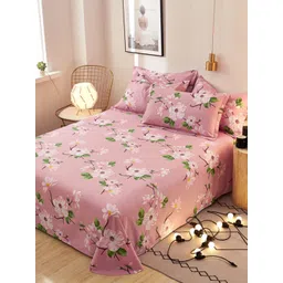 JC HOME Pink & Green Floral Printed 186 TC Cotton King Bedsheet with 2 Pillow Covers-picture-34