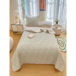JC HOME Pink & Green Floral Printed 240 TC Cotton Single Bed Covers Set-picture-24