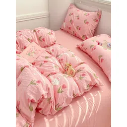 JC HOME Pink & Green Floral Printed Ac Room Double Queen Bedding Set-picture-21