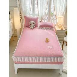 JC HOME Pink & Grey 160 TC Fitted King Bedsheet with 2 Pillow Covers-picture-39