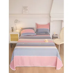 JC HOME Pink & Grey Striped 160 TC Queen Bedsheet with 2 Pillow Covers-picture-34