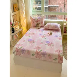 JC HOME Pink & Purple Floral Cotton 220 TC Fitted Double King Bedsheet Set-1.8 m x 2 m-picture-10