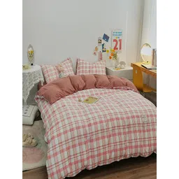 JC HOME Pink and White AC Room Checked Double Queen Bedding Set-picture-37