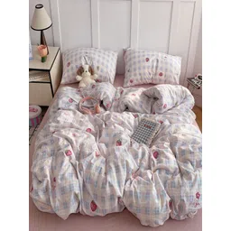 JC HOME Pink & White Checked Polycotton 4 Piece Double Queen Regular Bedding Set-picture-26