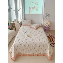 JC HOME Pink & White Floral Printed 162 TC Double Superking Bed Cover With Pillow Covers-picture-15