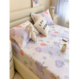JC HOME Purple & Pink Floral Cotton Fitted TC 230 Queen Bedsheet with 2 PillowCovers image 4