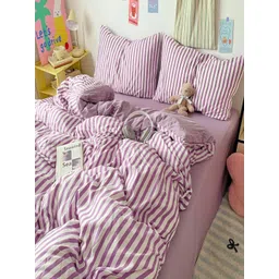 JC HOME Purple & White Striped Polycotton 3 Piece Double King Regular Bedding Set-picture-13