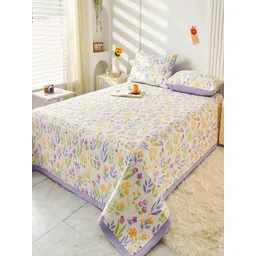 JC HOME Purple  White Printed Single Bed Cover With 2 Pillow Covers-picture-38