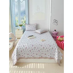 JC HOME White & Beige Floral Printed 162 TC Double Bed Superking Bed Cover Set-picture-36