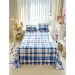 JC HOME White & Blue 140 TC Single Bedsheet with 1 Pillow Covers-picture-10