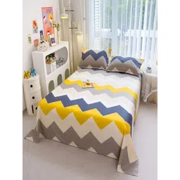 JC HOME White & Blue Chevron Printed Pure Cotton 220 TC Single Bedsheet Set 1.60m x 2.30m image 5