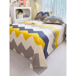 JC HOME White & Blue Chevron Printed Pure Cotton 220 TC Single Bedsheet Set 1.60m x 2.30m image 4