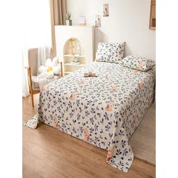 JC HOME White & Blue Floral 140 TC Queen Bedsheet with 2 Pillow Covers-picture-16