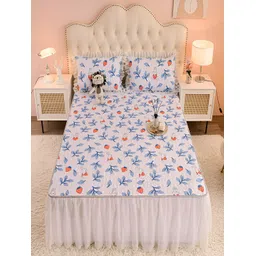 JC HOME White & Blue Floral 160 TC Single Bedsheet with 1 Pillow Covers-picture-33