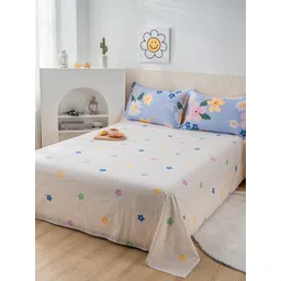 JC HOME White & Blue Floral 200 TC Single Bedsheet With 1 Pillow Covers-image-33