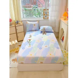 JC HOME White & Blue Floral Cotton Fitted 220 TC Queen Bedsheet with 2 Pillow Covers-picture-40