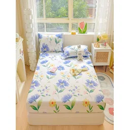 JC HOME White & Blue Floral Cotton Fitted 220 TC Queen Bedsheet with 2 Pillow Covers-picture-30