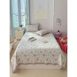 JC HOME White & Blue Floral Printed 162 TC Double Bed King Bed Cover Set-picture-37