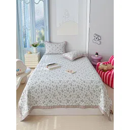 JC HOME White & Blue Floral Printed 162 TC Double Queen Bed Cover & 2 Pillow Covers-picture-35