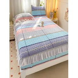 JC HOME White & Blue Geometric 160 TC Fitted Queen Bedsheet with 2 Pillow Covers image 3