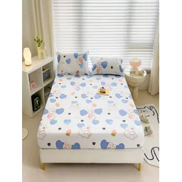 JC HOME White & Blue Graphic Cotton TC 230 Single Bedsheet with 1 Pillow Covers-picture-40