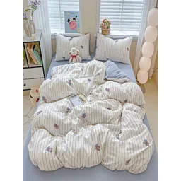 JC HOME White & Blue Printed 4 Pieces Double Queen Bedding Set-image-49