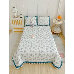 JC HOME White and Blue Printed Cotton 240TC Double Bed Cover With Pillow Covers-image-1