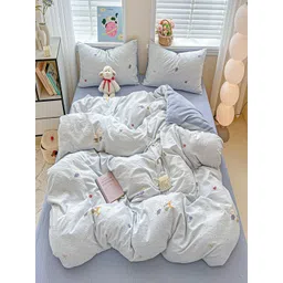 JC HOME White & Blue Self Design Polycotton 3 Piece Double Queen Regular Bedding Set-image-45