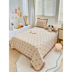 JC HOME White and Brown 162TC Double Queen Quilted Bed Cover With Pillow Covers-image-0