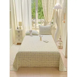 JC HOME White & Brown Checked 140 TC Double Queen Bedsheet Set- 2 m x 2.30m-picture-31
