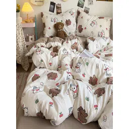 JC HOME White & Brown Quirky Polycotton 4 Piece Double Queen Regular Bedding Set-image-48