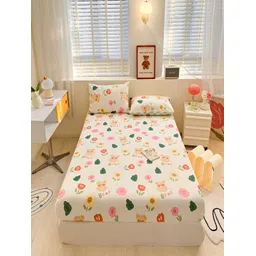 JC HOME White & Green Floral 210 TC Single Bedsheet with Pillow Cover-picture-22