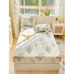 JC HOME White & Green Floral Cotton Fitted 220 TC Single Bedsheet with Pillow Cover-picture-37