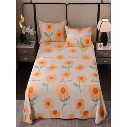 JC HOME White & Orange Floral 220 TC Cotton King Bedsheet with 2 Pillow Covers-picture-25
