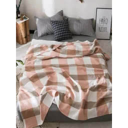 JC HOME White & Peach-Coloured Checked AC Room 350 GSM Double Bed Quilt-picture-26
