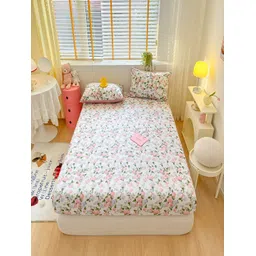 JC HOME White & Pink Floral 210 TC Cotton Fitted Single Bedsheet & 2 Pillow Covers-picture-23