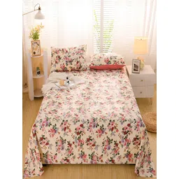 JC HOME White & Pink Floral 220 TC Cotton Queen Bedsheet with 2 Pillow Covers-picture-41