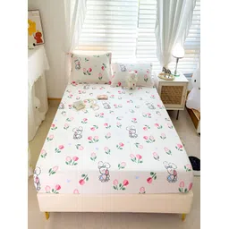 JC HOME White & Pink Floral 230 TC Cotton Fitted King Bedsheet with 2 Pillow Covers-picture-38