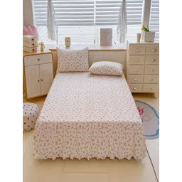 JC HOME White & Pink Floral Printed 140 TC Bedsheet With 1 Pillow Cover-picture-34