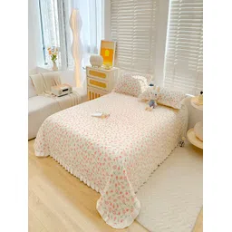 JC HOME White & Pink Floral Printed 162 TC Double King Bed Cover & 2 Pillow Covers-picture-10