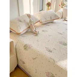 JC HOME White & Pink Floral Printed 162 TC Double King Bed Covers With 2 Pillow Covers image 4