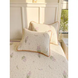 JC HOME White & Pink Floral Printed 162 TC Double King Bed Covers With 2 Pillow Covers image 3