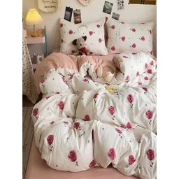 JC HOME White & Pink Floral Printed Ac Room Double Queen Bedding Set-picture-36