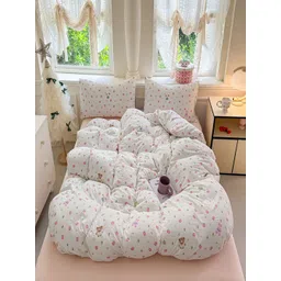 JC HOME White & Pink Floral Printed Ac Room Single Bedding Set-picture-38