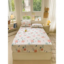 JC HOME White & Pink Floral Printed Cotton 220 TC Fitted King Bedsheet Set-2.0 m x 2.2 m-picture-28