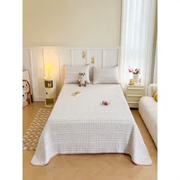 JC HOME White & Pink Floral Printed Cotton Double Bed Cover With Pillow Covers-picture-24