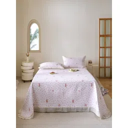 JC HOME White & Pink Floral Printed Double Superking Bed Cover With Pillow Covers-picture-30